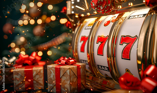 A golden slot machine with triple sevens is shown against a background of a Christmas tree with lights