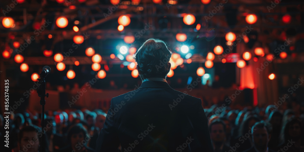 Obraz premium Rear view of speaker addressing conference audience