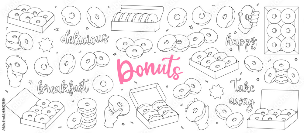 Donuts outline set. Glazed doughnuts with sprinkles. Bakery sweet pastry food. Hand drawn elements for confectionery menu, bakery shop. Donuts outline set. Glazed doughnuts with sprinkles. Bakery sweet pastry food. Hand drawn elements for confectionery menu, bakery shop.