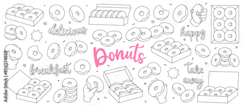 Donuts outline set. Glazed doughnuts with sprinkles. Bakery sweet pastry food. Hand drawn elements for confectionery menu, bakery shop.