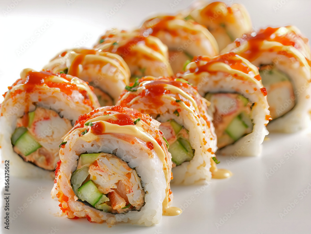 A sushi roll with a lot of sauce and a lot of meat. The roll is very long and has a lot of different ingredients A sushi roll with a lot of sauce and a lot of meat. The roll is very long and has a lot of different ingredients