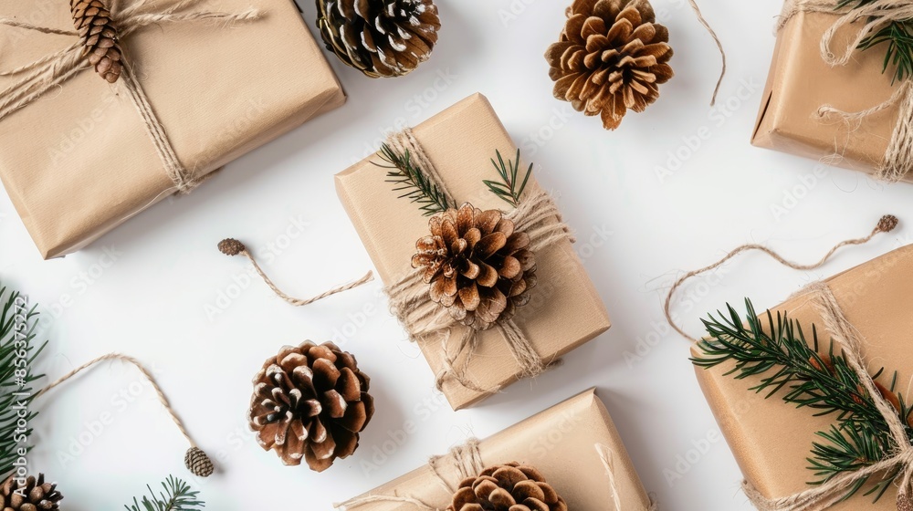 Gifts and pine cones against a white backdrop Gifts and pine cones against a white backdrop