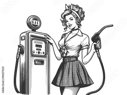 Pin-up woman holding gas pump nozzle, intricate details and retro charm sketch engraving generative ai fictional character vector illustration. Scratch board imitation. Black and white image.