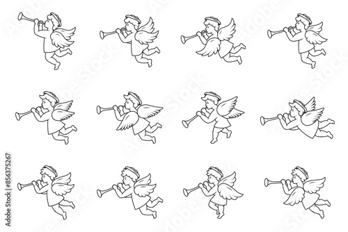 Cherub outline set. Angel with a wings. Herald angel blowing trumpet. Cherub blowing into a tube.