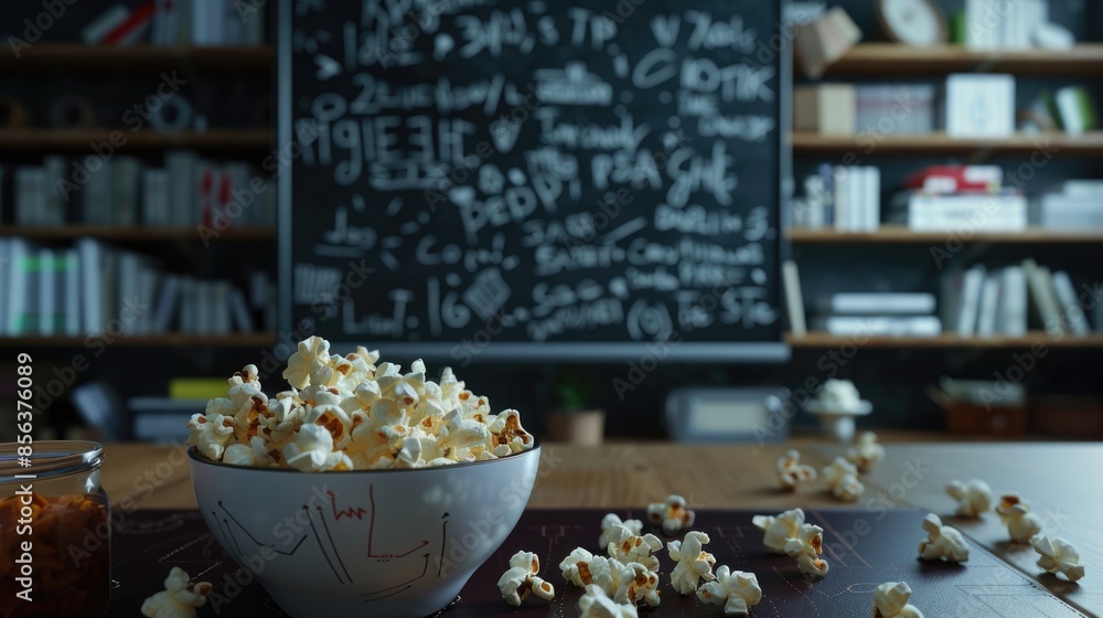Black board with game strategy and a bowl of popcorn Black board with game strategy and a bowl of popcorn