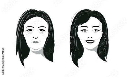 Before and after facial treatment concept. Aged face and young face vector illustration.