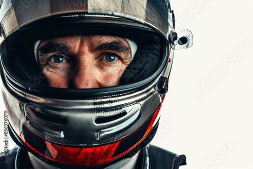 Racing Driver Close-Up Portrait Helmet Intense Look, Professional Focus in Motorsport, Copy Space © Funk Design