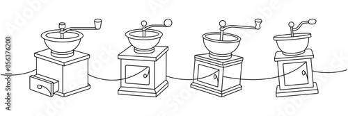 Coffee grinders one line continuous drawing. Hand drawn elements for cafe menu, coffee shop. Vector linear illustration.