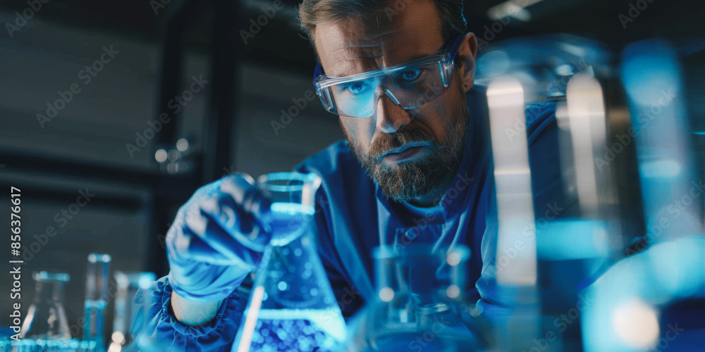 Scientist analyzing blue substance in a laboratory Scientist analyzing blue substance in a laboratory