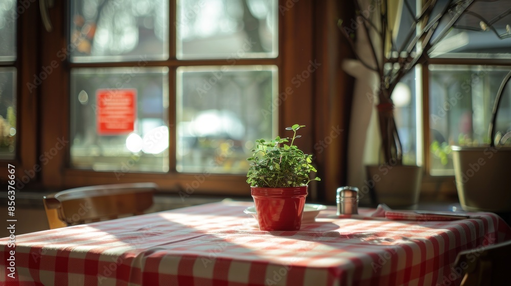 Fototapeta premium Table cloth in red and white checkered pattern adorns a table
