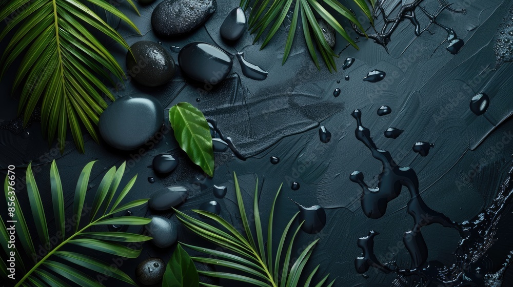 Dark spa background with moisturizing concept palm leaves stones. Dark spa background with moisturizing concept palm leaves stones.