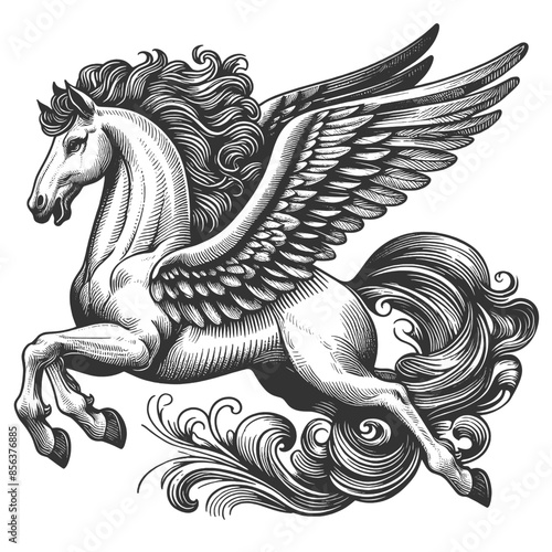 winged Pegasus, showcasing intricate lines and artistic design sketch engraving generative ai fictional character vector illustration. Scratch board imitation. Black and white image.