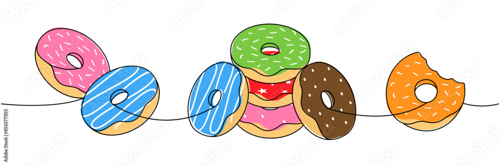 Donuts. Take away donuts one line colored continuous drawing. Bakery sweet pastry food. Vector linear illustration. Donuts. Take away donuts one line colored continuous drawing. Bakery sweet pastry food. Vector linear illustration.