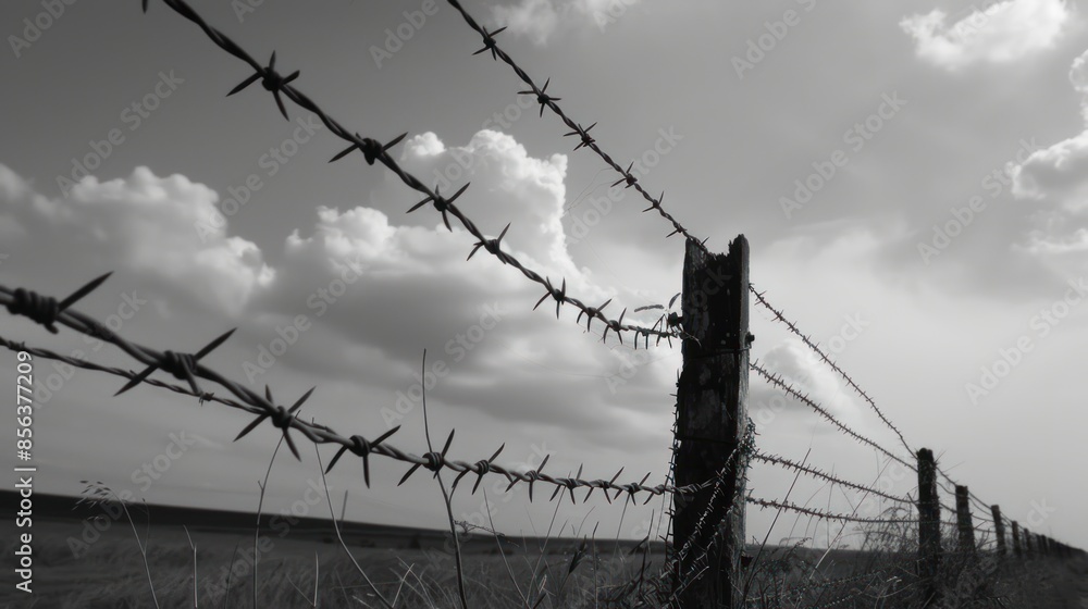 The imposing presence of a barbed wire fence, symbolizing protection The imposing presence of a barbed wire fence, symbolizing protection