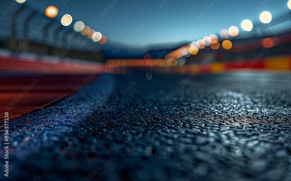 Fototapeta premium Race Track Night Close-Up, Empty Cinematic Wet Pavement, Illuminated Straight Track Reflections