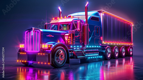 American truck, tractor, decorated in neon lighting, on a black background