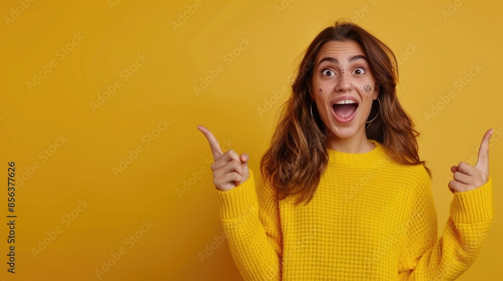 hispanic pretty woman looking excited and surprised pointing to the side and upwards to copy space hispanic pretty woman looking excited and surprised pointing to the side and upwards to copy space