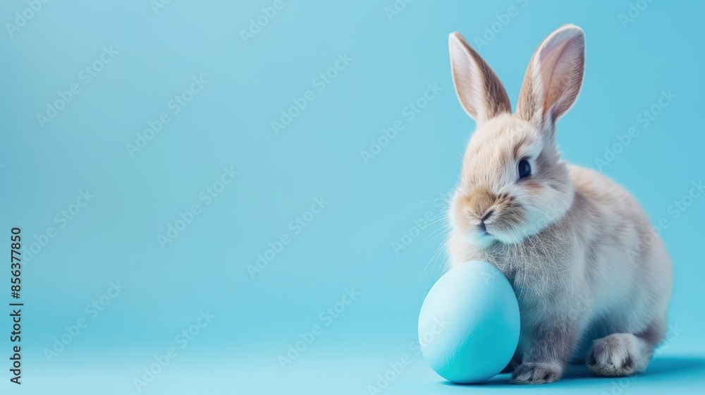 Fototapeta premium Easter bunny rabbit with blue painted egg on blue background. Easter holiday concept