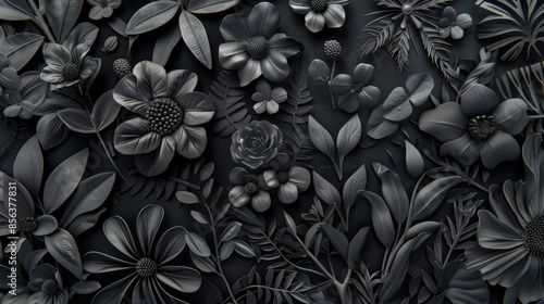 Design of a black botany element garden with antique beauty in the art of flower and leaf icons