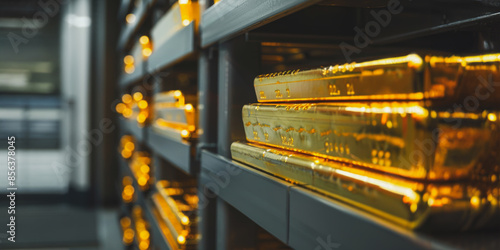 Stacks of gold ingots in a secure bank vault