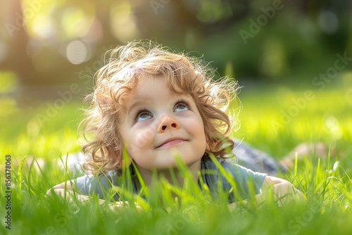 Happy child playing on green grass in spring park