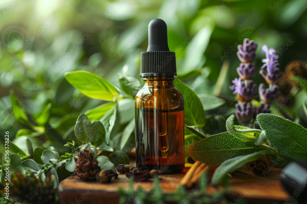 Dropper bottle filled with botanical essence surrounded by flowers and herbs Dropper bottle filled with botanical essence surrounded by flowers and herbs