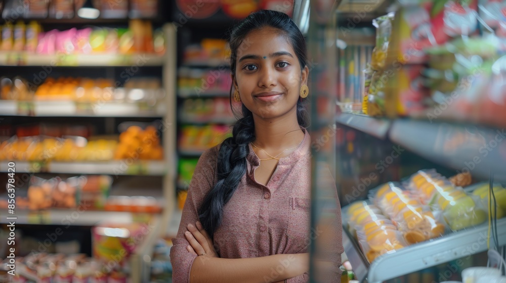 Happy Indian shop assistant poses confidently in store. Happy Indian shop assistant poses confidently in store.