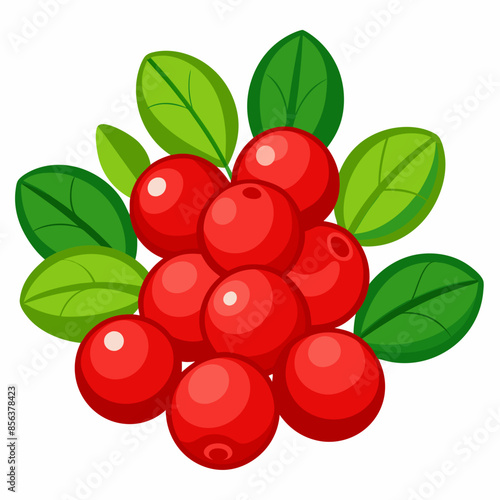 Juicy lingonberries with green leaves, displaying their vibrant red color and clustered formation.