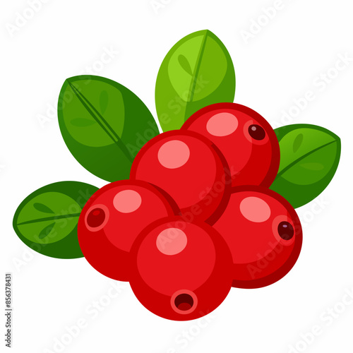 Juicy lingonberries with green leaves, showcasing their bright red color and smooth texture.