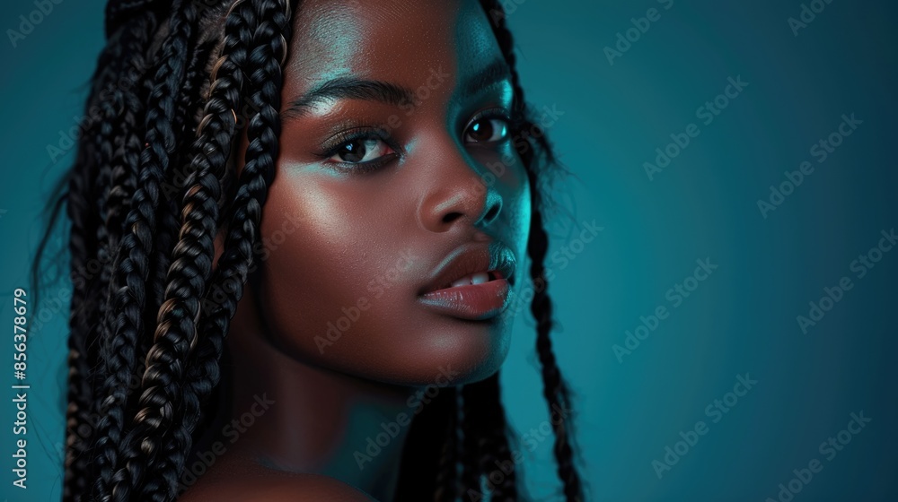 Portrait of young beautiful black model with long braided hair. Isolated on dark cyan background. Portrait of young beautiful black model with long braided hair. Isolated on dark cyan background.