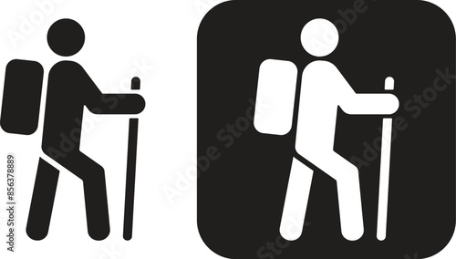Hiking vector icons, hiker icon in different style, vector illustration. Walking. Public footpath. Trail.