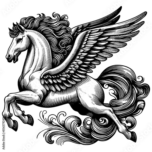 winged Pegasus, showcasing intricate lines and artistic design sketch engraving generative ai fictional character PNG illustration. Scratch board imitation. Black and white image. photo