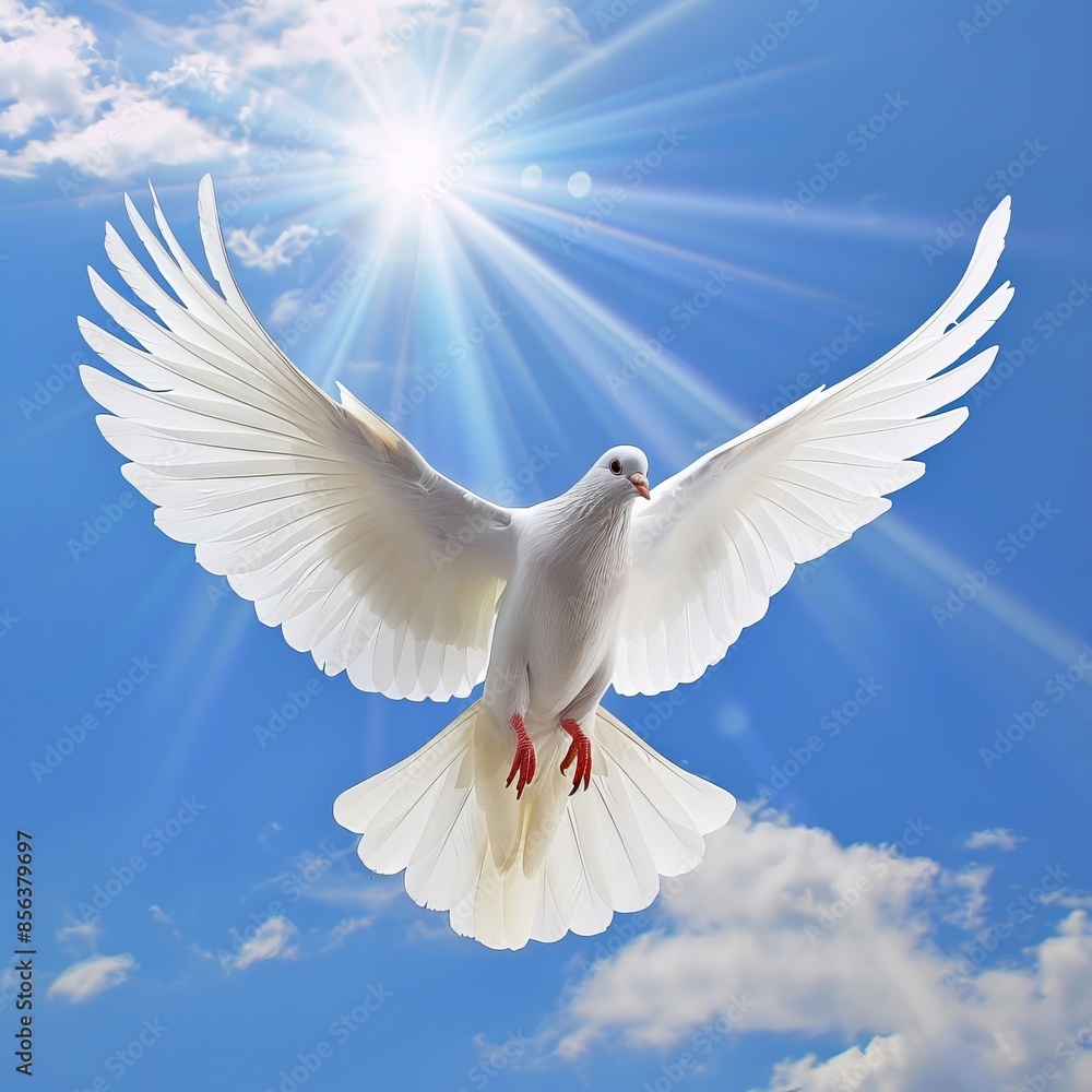 Beautiful white dove flying in a clear blue sky with bright sunlight. Peaceful and serene scene. Representing purity, hope, and freedom. Ideal for concept art or inspiration. AI Beautiful white dove flying in a clear blue sky with bright sunlight. Peaceful and serene scene. Representing purity, hope, and freedom. Ideal for concept art or inspiration. AI