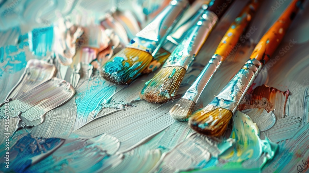 Paint brushes placed on a painted surface Paint brushes placed on a painted surface