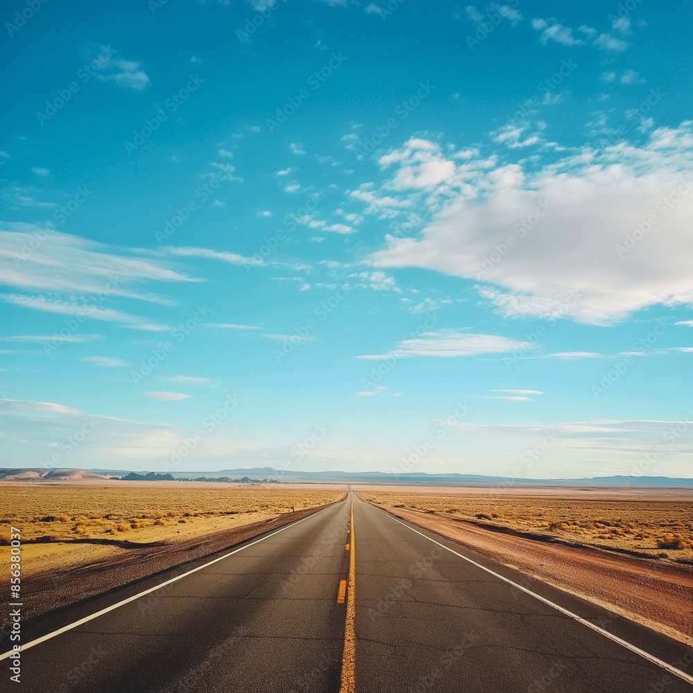 Naklejka premium Vertical shot of an empty road in the middle of a desert under a beautiful blue sky