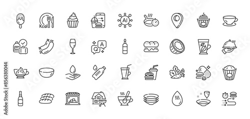 Hamburger, Pasta and Espresso line icons pack. AI, Question and Answer, Map pin icons. Water care, Food delivery, Overeating pills web icon. Cupcake, Food order, Brandy bottle pictogram. Vector