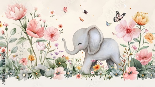 Playful Elephant Enjoying a Serene Flower Garden photo