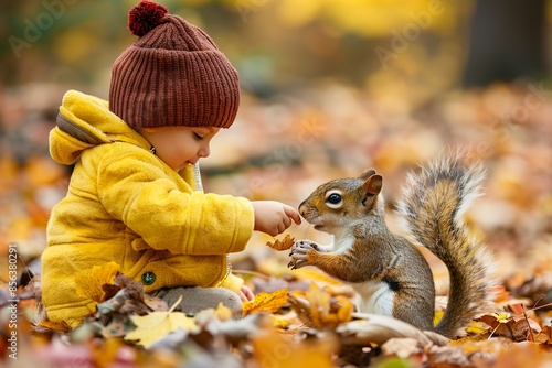 Happy child feeds a little squirrel in autumn park