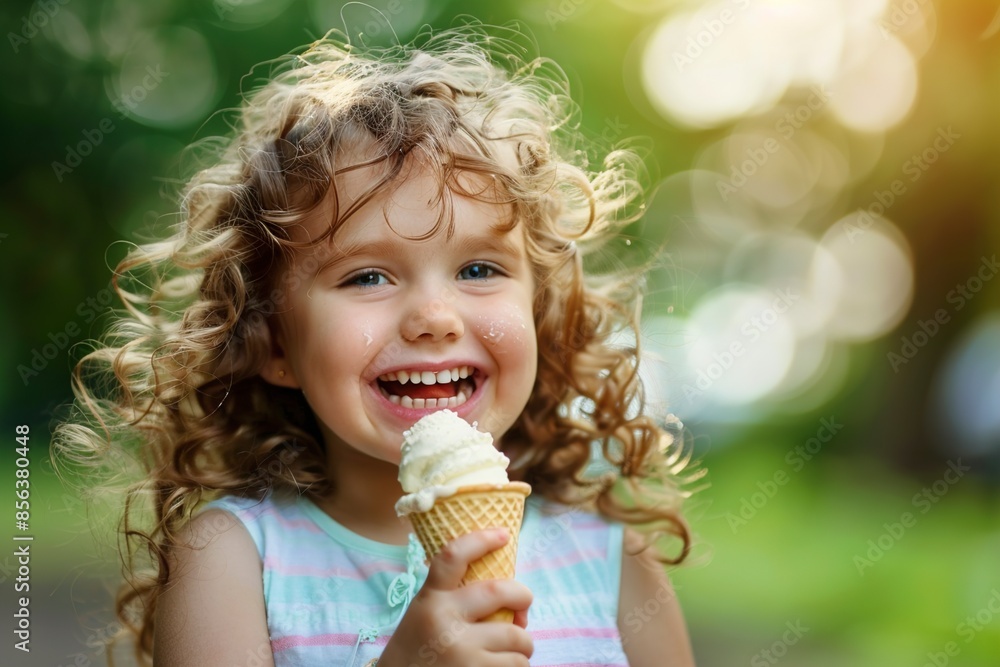 Happy child eating ice cream outdoors in summer Happy child eating ice cream outdoors in summer