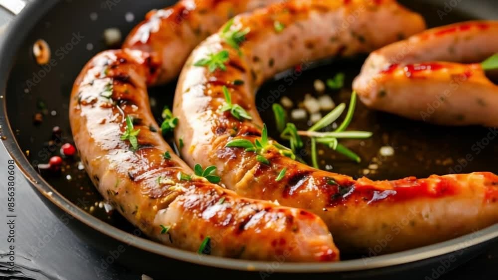 Fried sausages with garlic and herbs in a pan. On the black Board. Space for text. Fried sausages with garlic and herbs in a pan. On the black Board. Space for text.