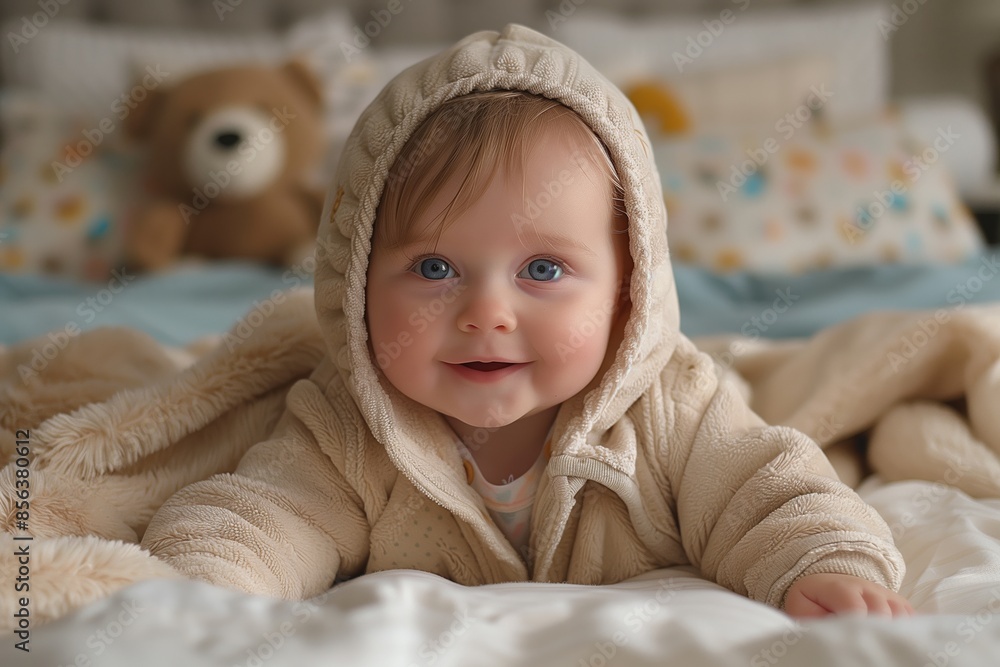 Adorable Baby Girl in a Tan Hooded Onesie Lying on a Bed Adorable Baby Girl in a Tan Hooded Onesie Lying on a Bed