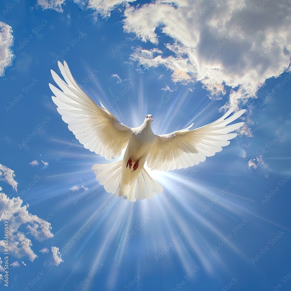 Radiant white dove soaring in a bright blue sky with sun rays breaking ...