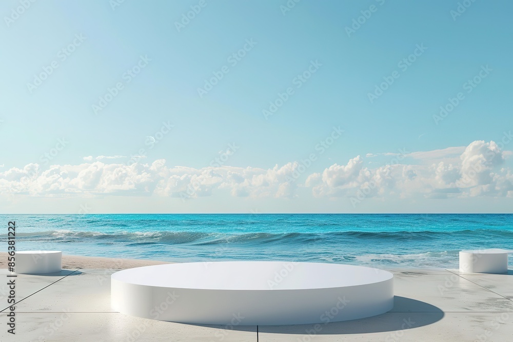 Fototapeta premium Empty modern white podium for show product display with blue sea and sky background