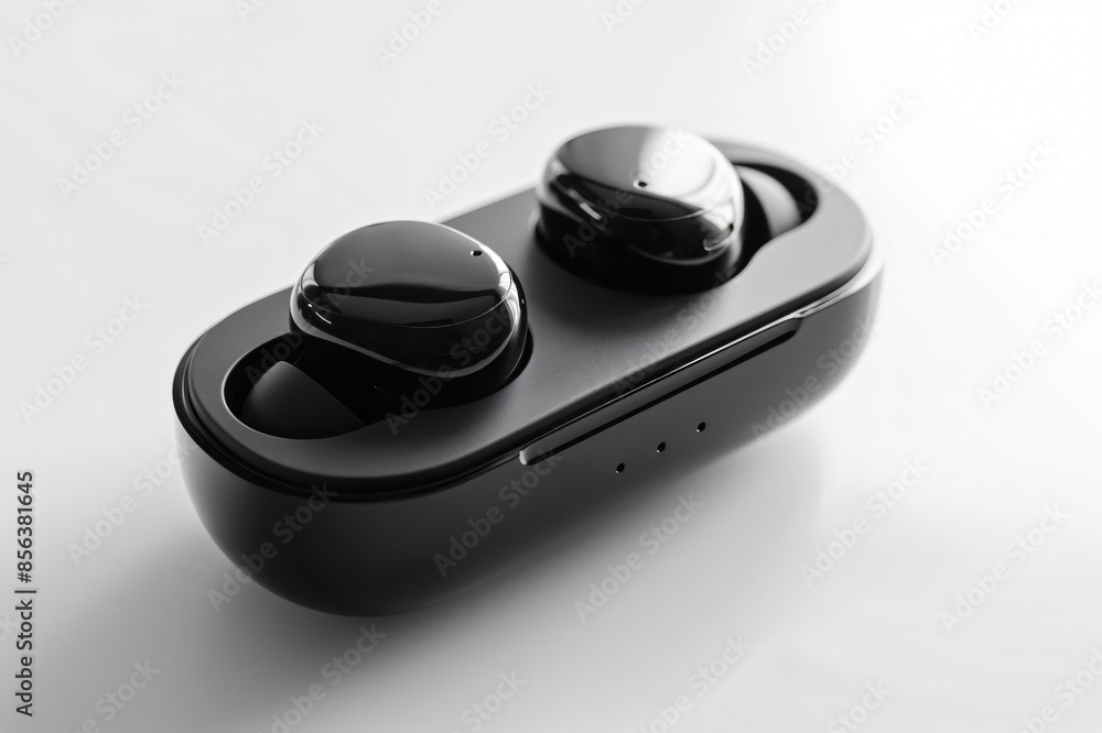 Black wireless earbuds in a charging case, set against a white background with a subtle reflection Black wireless earbuds in a charging case, set against a white background with a subtle reflection