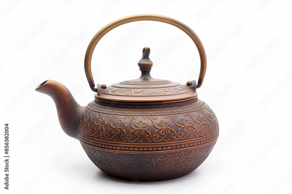 Elegant traditional teapot with intricate patterns, photographed in high resolution, isolated on a white background for versatile use Elegant traditional teapot with intricate patterns, photographed in high resolution, isolated on a white background for versatile use