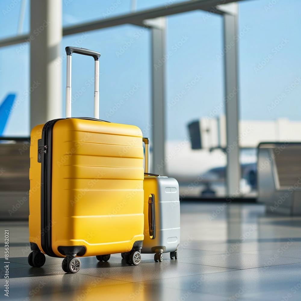 Grey and Yellow suitcase in the airport Grey and Yellow suitcase in the airport