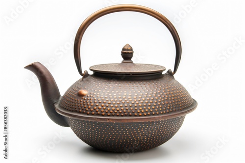 Traditional cast iron teapot with intricate detailing, perfectly isolated on a crisp white background