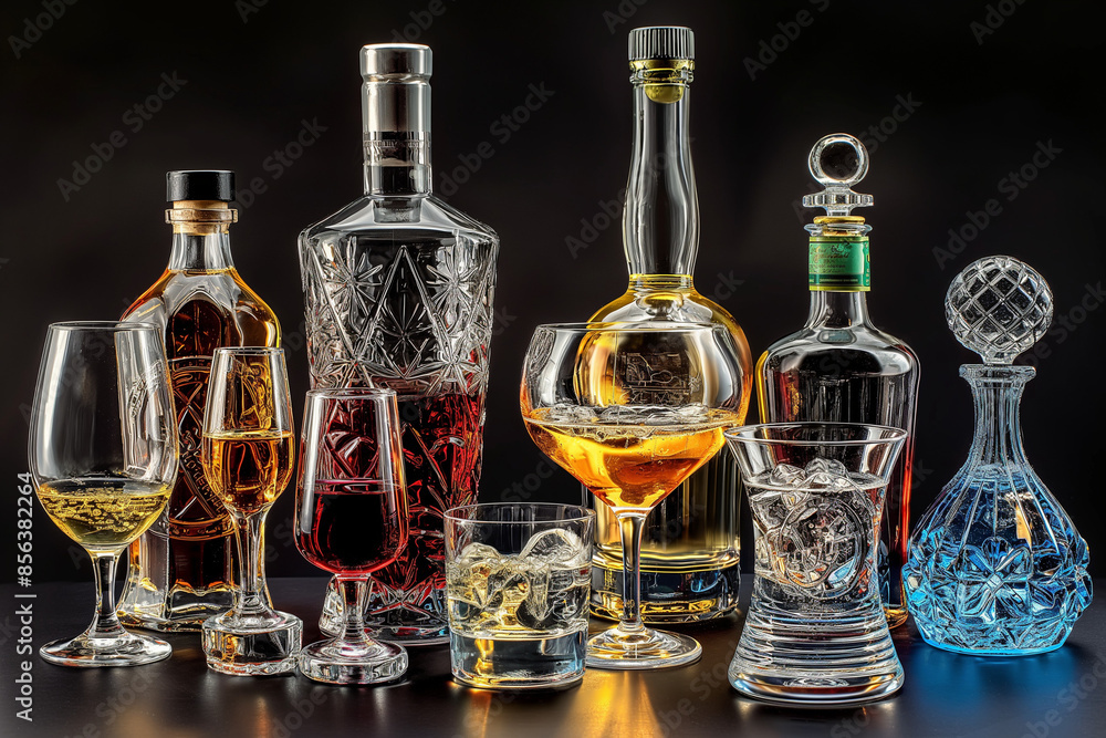 bottle and glass, A captivating image featuring bottles and glasses of various alcohol drinks, arranged elegantly and artistically bottle and glass, A captivating image featuring bottles and glasses of various alcohol drinks, arranged elegantly and artistically