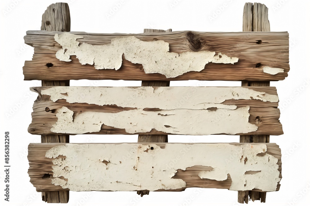High-resolution image of an old wooden signpost with layers of chipped and peeling white paint, isolated on a white background High-resolution image of an old wooden signpost with layers of chipped and peeling white paint, isolated on a white background