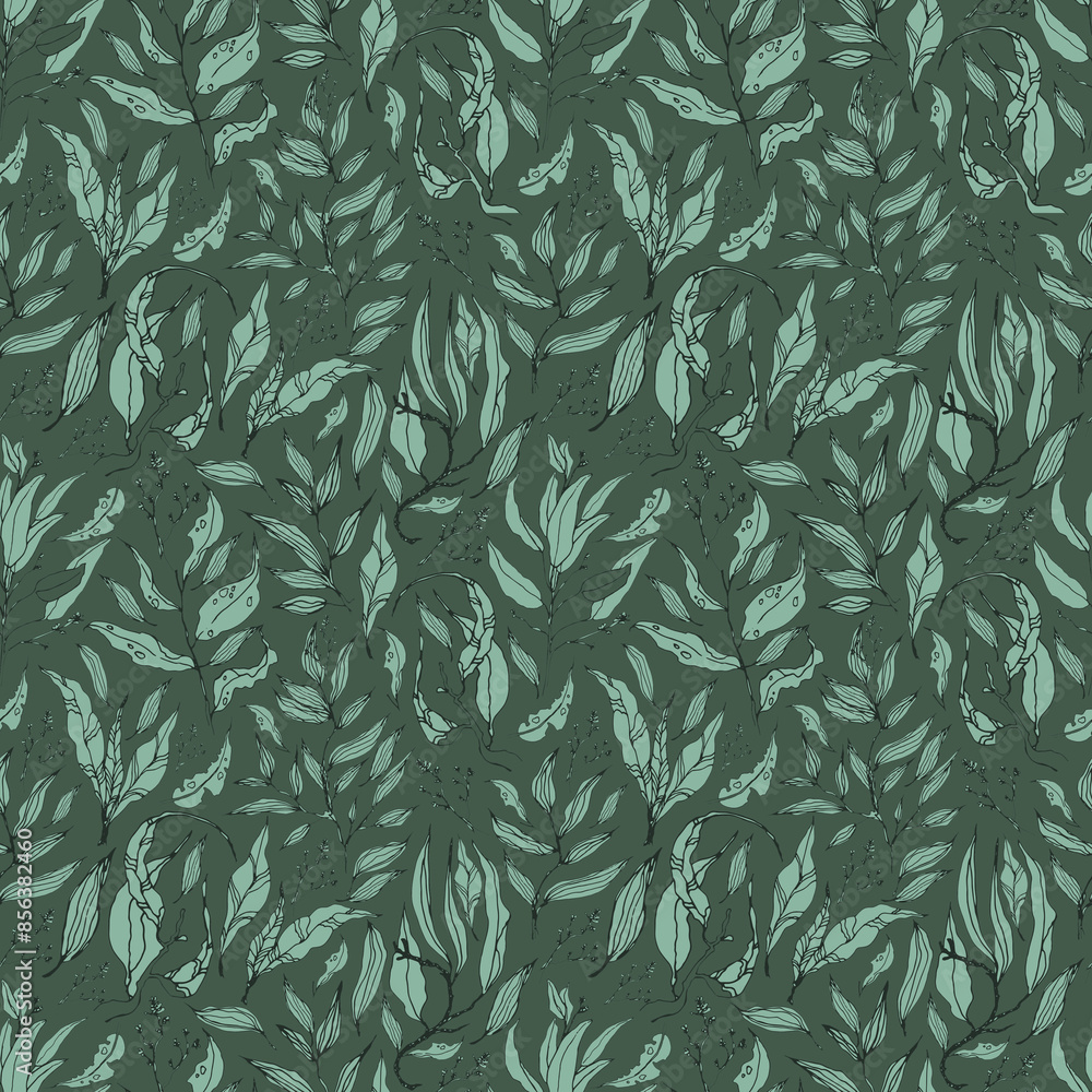Seamless pattern with stylized leaves. Floral endless pattern filled with green leaves. Fresh greenery background, wallpaper, textile print. Watercolor hand drawn illustration on a dark background. Seamless pattern with stylized leaves. Floral endless pattern filled with green leaves. Fresh greenery background, wallpaper, textile print. Watercolor hand drawn illustration on a dark background.